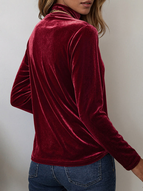 Velvet Half-High Neck Long-Sleeve Holiday Top