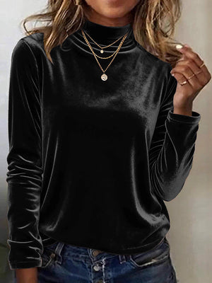 Velvet Half-High Neck Long-Sleeve Holiday Top
