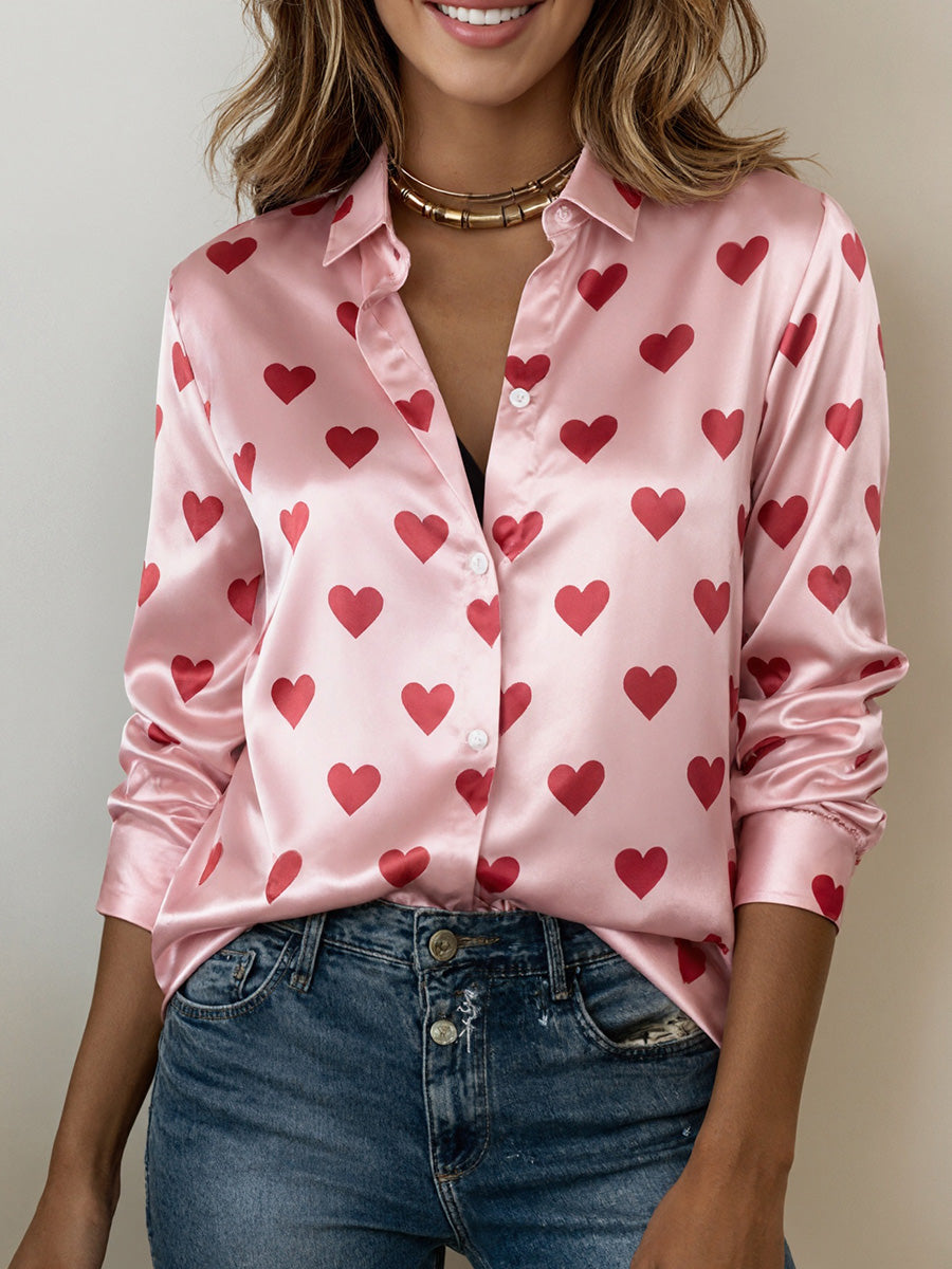 Vibrant Heart Print Long-Sleeve Blouse