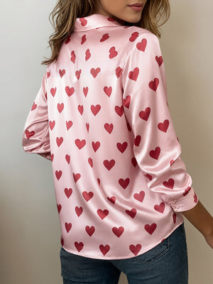 Vibrant Heart Print Long-Sleeve Blouse