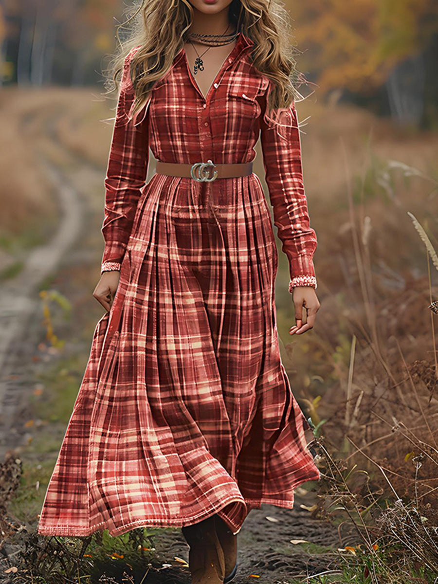 Vintage Checkered V-Neck Long-Sleeve Dress