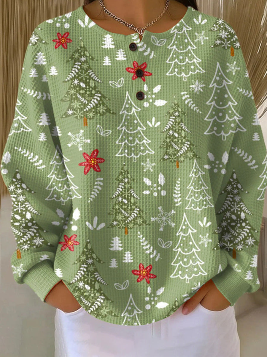 Waffle-Knit Retro Tree Holiday Sweatshirt