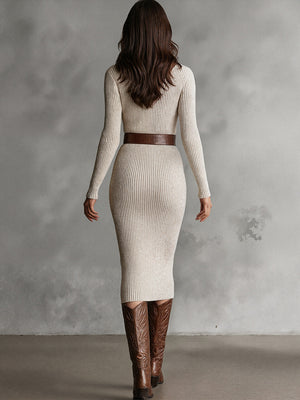 Waist-Defined Knit Long Sleeve Dress