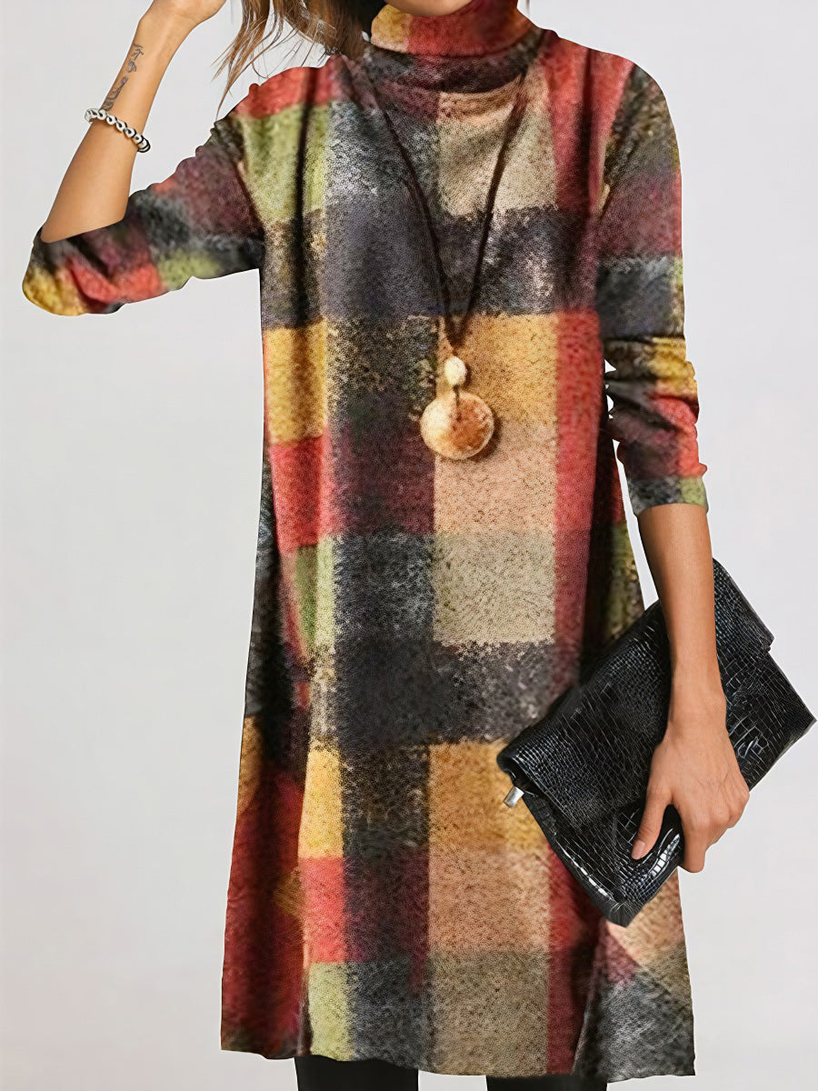 Warm High-Neck Long-Sleeve Plaid Dress