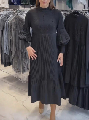 Timeless Pleated Dress with Dramatic Lantern Sleeves