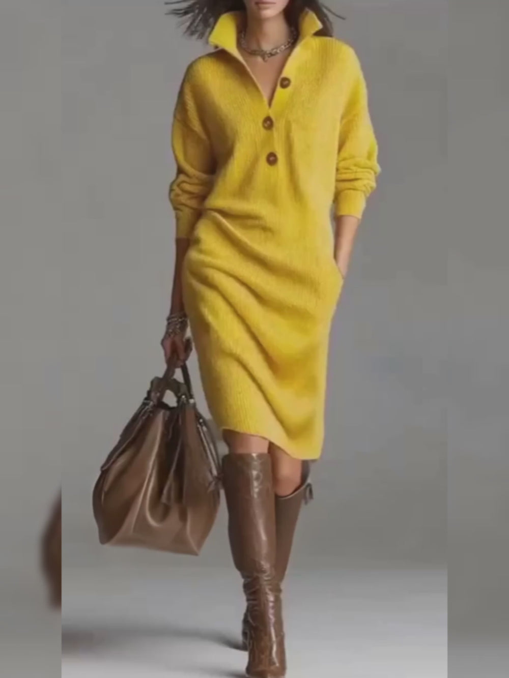 Cozy Wool-Blend Knitted Dress with Front Buttons